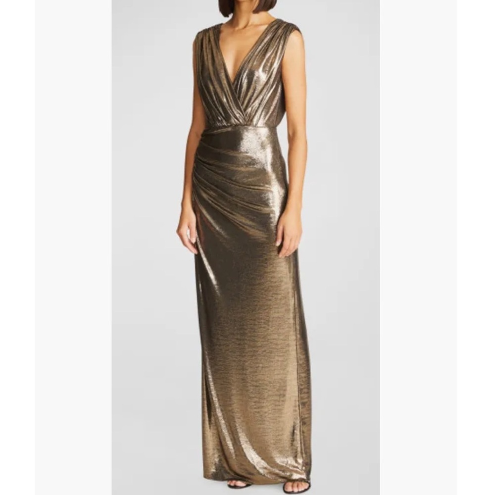 Misha Sleeveless Metallic Jersey Column Gown in bronze/gold